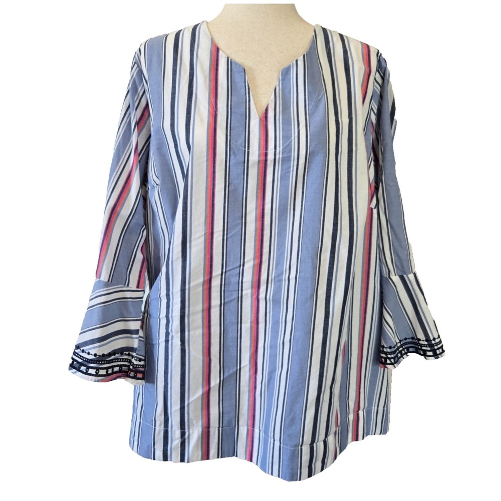 Westbound Womens Sz 2X Blue Stripe 3/4 Bell Sleeve Embroidered Boho Relaxed